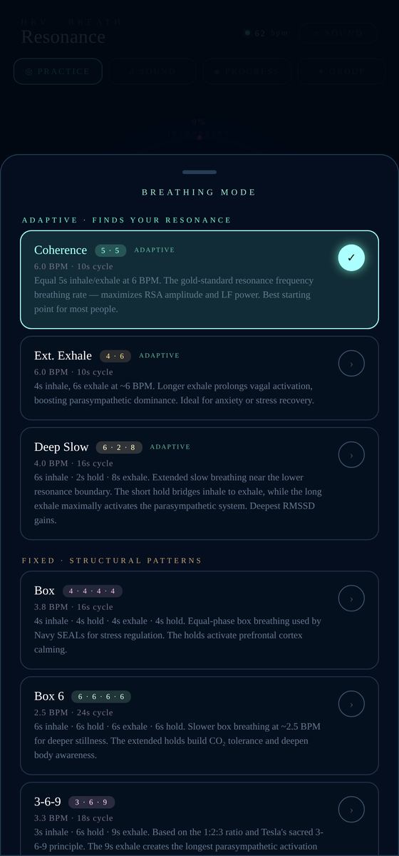 Resonance · iOS — The breath, paced to your heart — The breathing-protocol library