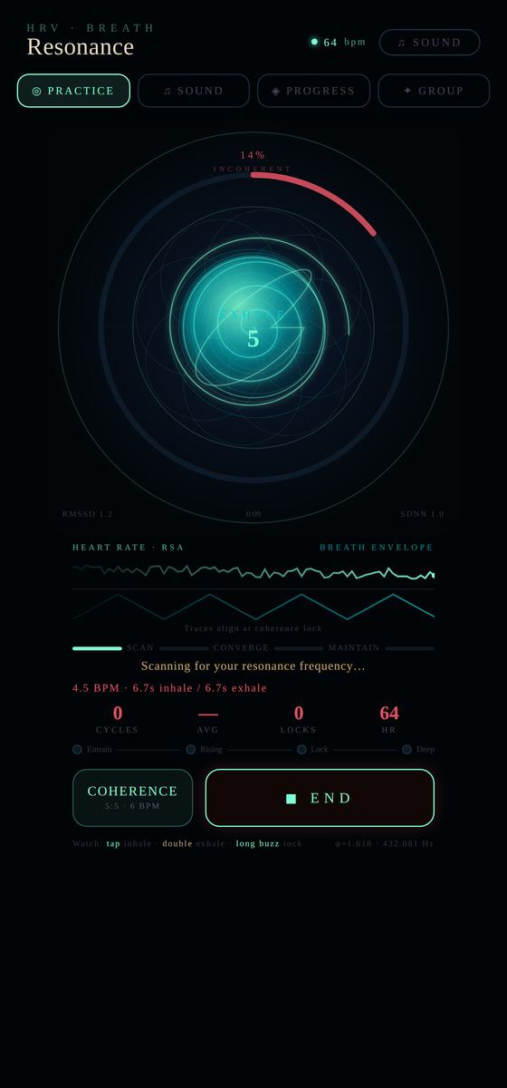 Resonance · iOS — The breath, paced to your heart — Scanning for the resonant frequency