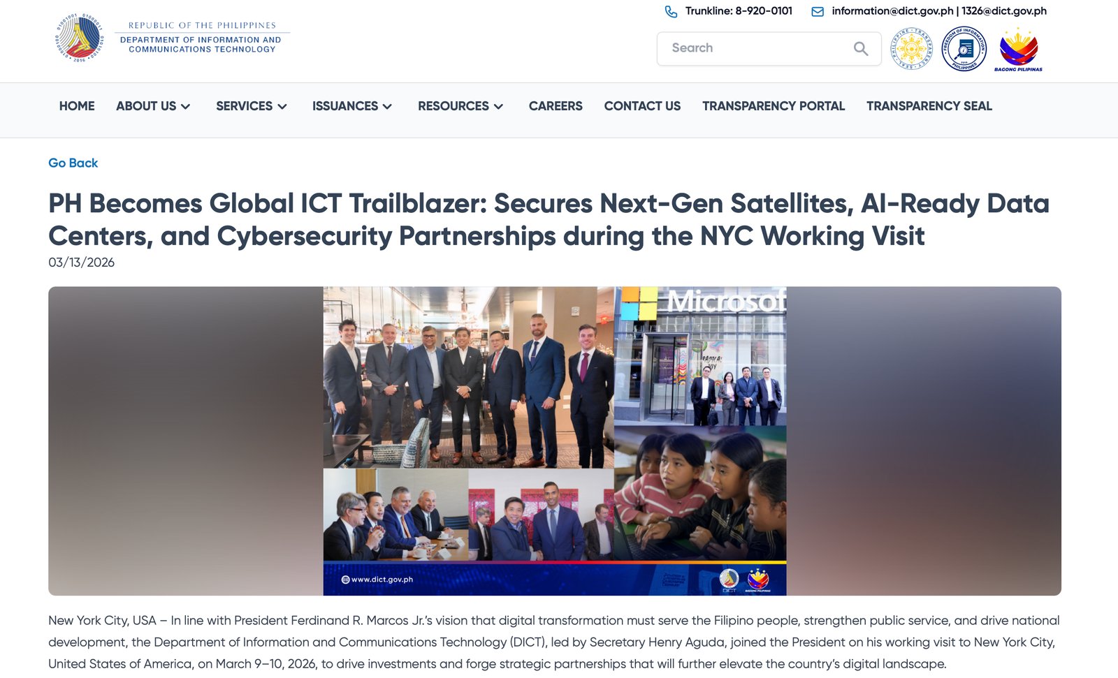 Philippine Department of Information and Communications Technology front-page feature on the New York working visit