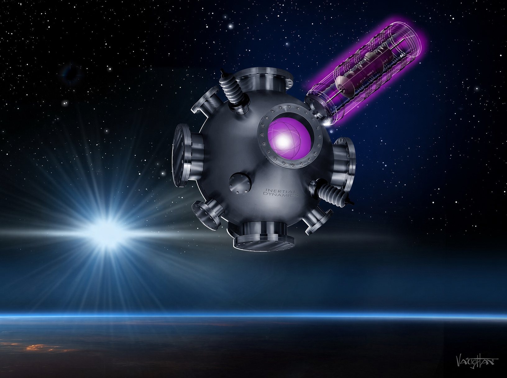 Artist's concept of an aneutronic fusion reactor in orbit