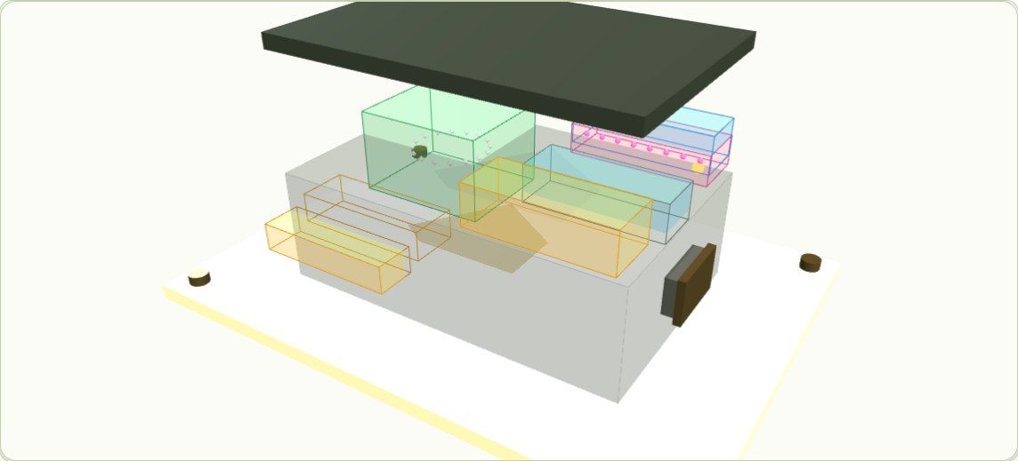Exploded 3D model of the reference instrument (design study) showing its internal bays