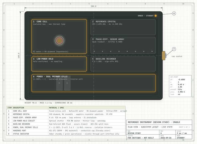 Plan view of the reference instrument (design study) on its cradle, with subsystem layout and parts list